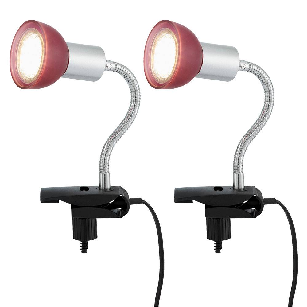 Klemmlampe silber Klemmleuchte Klemmlampe LED mit Stecker, Tischleuchte Leselampe, Spot beweglich, Metall titanfarben Glas rot, 1x LED 3W 250Lm