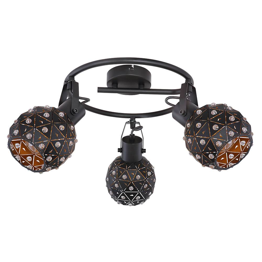 Deckenlampe Deckenstrahler Wohnzimmerlampe Küchenleuchte Kristalloptik bewegliche Spots 3 flammig, Metall schwarz gold, 3 x E27, H 29 cm