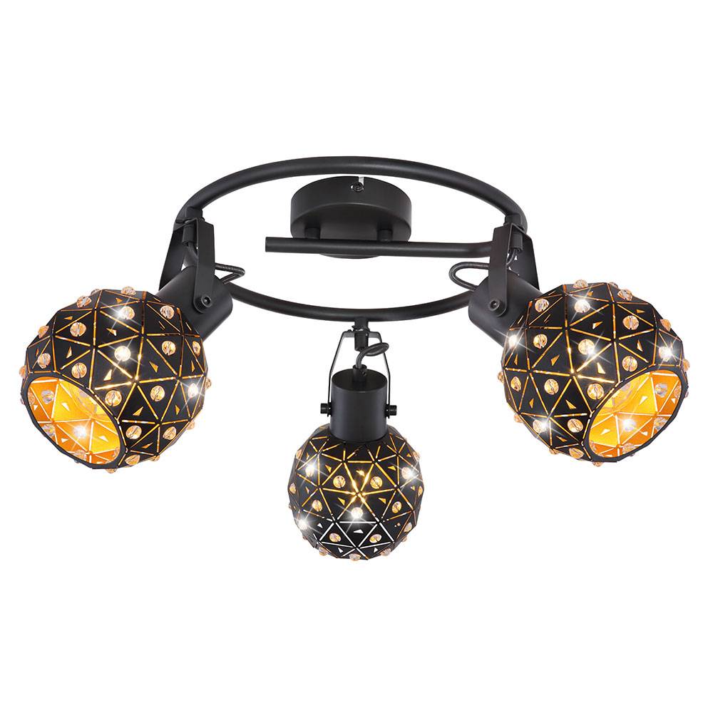 Deckenlampe Deckenstrahler Küchenleuchte Wohnzimmerlampe Kristalloptik bewegliche Spots 3 flammig, Metall schwarz gold, 3 x E27, H 29 cm