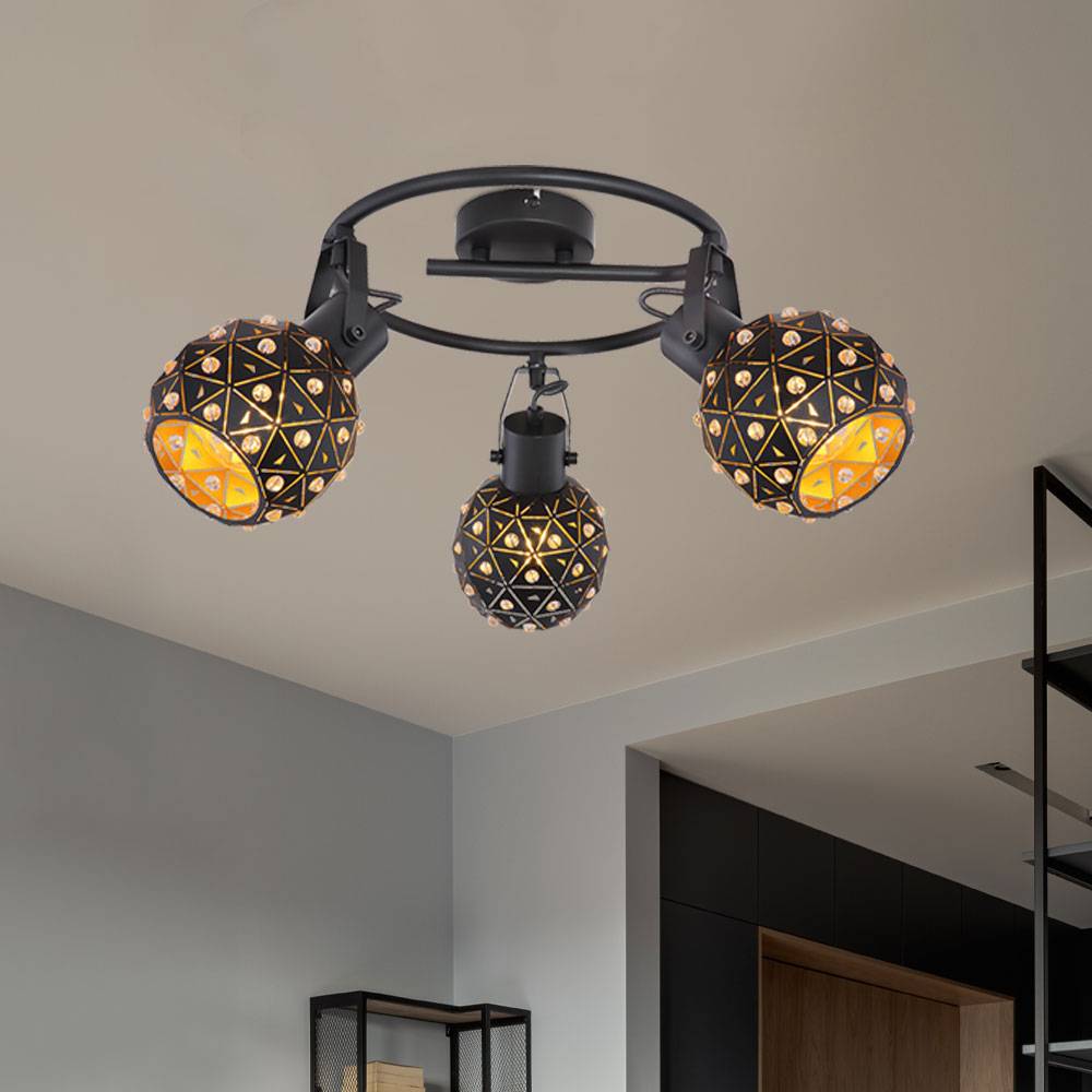 Deckenlampe Deckenstrahler Küchenleuchte Wohnzimmerlampe Kristalloptik bewegliche Spots 3 flammig, Metall schwarz gold, 3 x E27, H 29 cm
