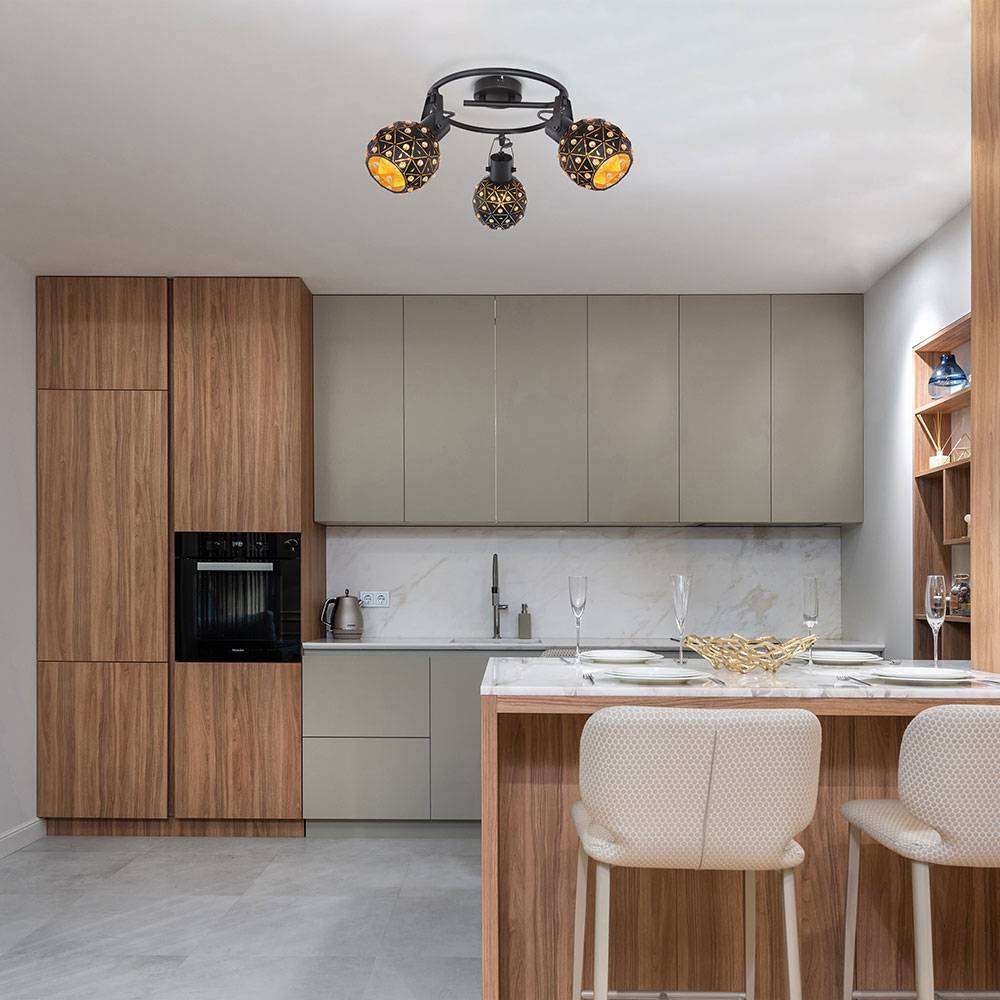 Deckenlampe Deckenstrahler Küchenleuchte Wohnzimmerlampe Kristalloptik bewegliche Spots 3 flammig, Metall schwarz gold, 3 x E27, H 29 cm