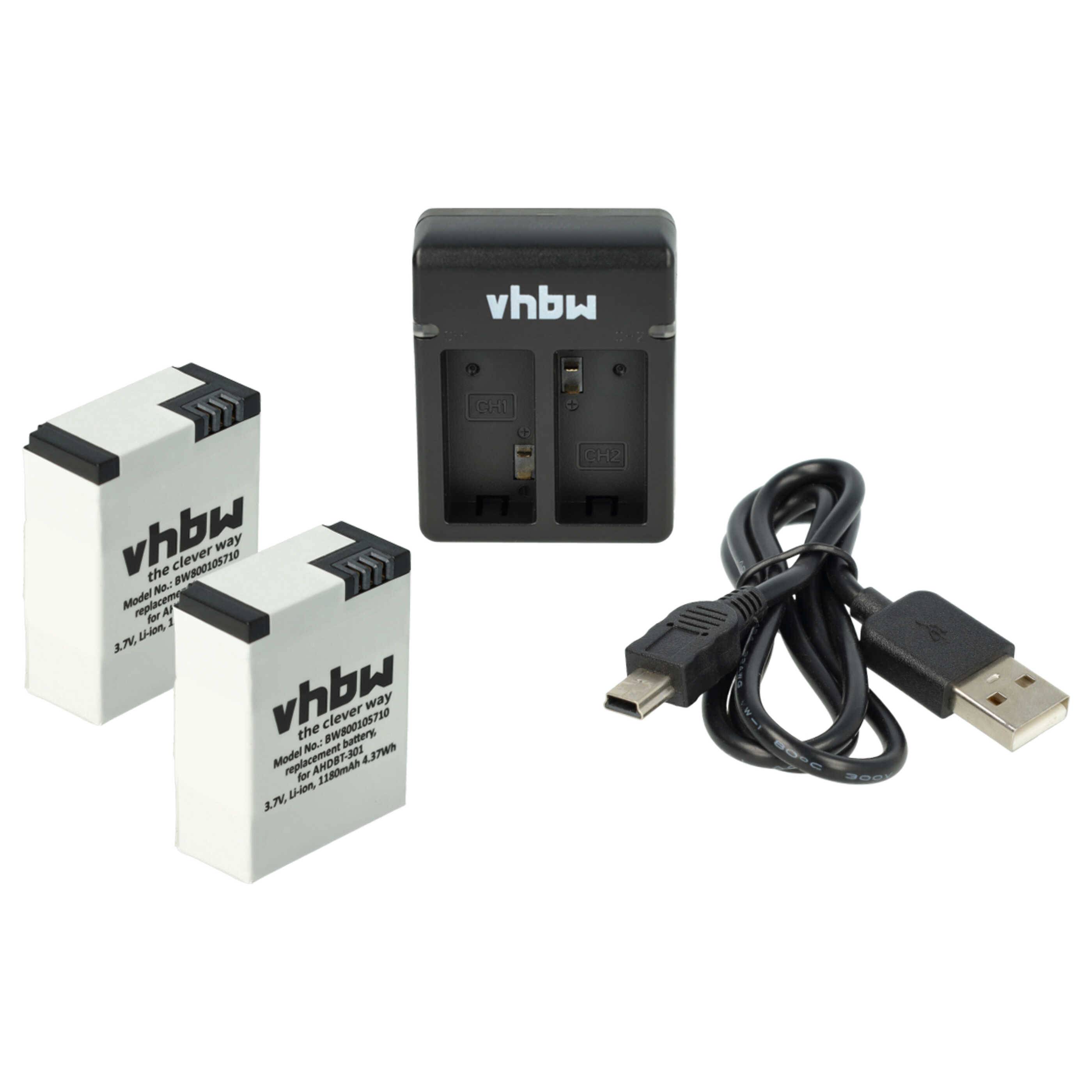 vhbw Ladezubehör-Set kompatibel mit GoPro Hero 3 CHDHX-301 | CHDHN-301, Black Edition Action-Cam - 1x Ladegerät, 1x Ladekabel, 2x Akku
