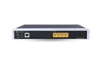 Vorderansicht eines kleinen Netzwerk-Routers oder Switches mit einem Ethernet-Anschluss, vier gelben LAN-Anschlüssen und Anzeigelampen auf einem schwarzen rechteckigen Gerät.