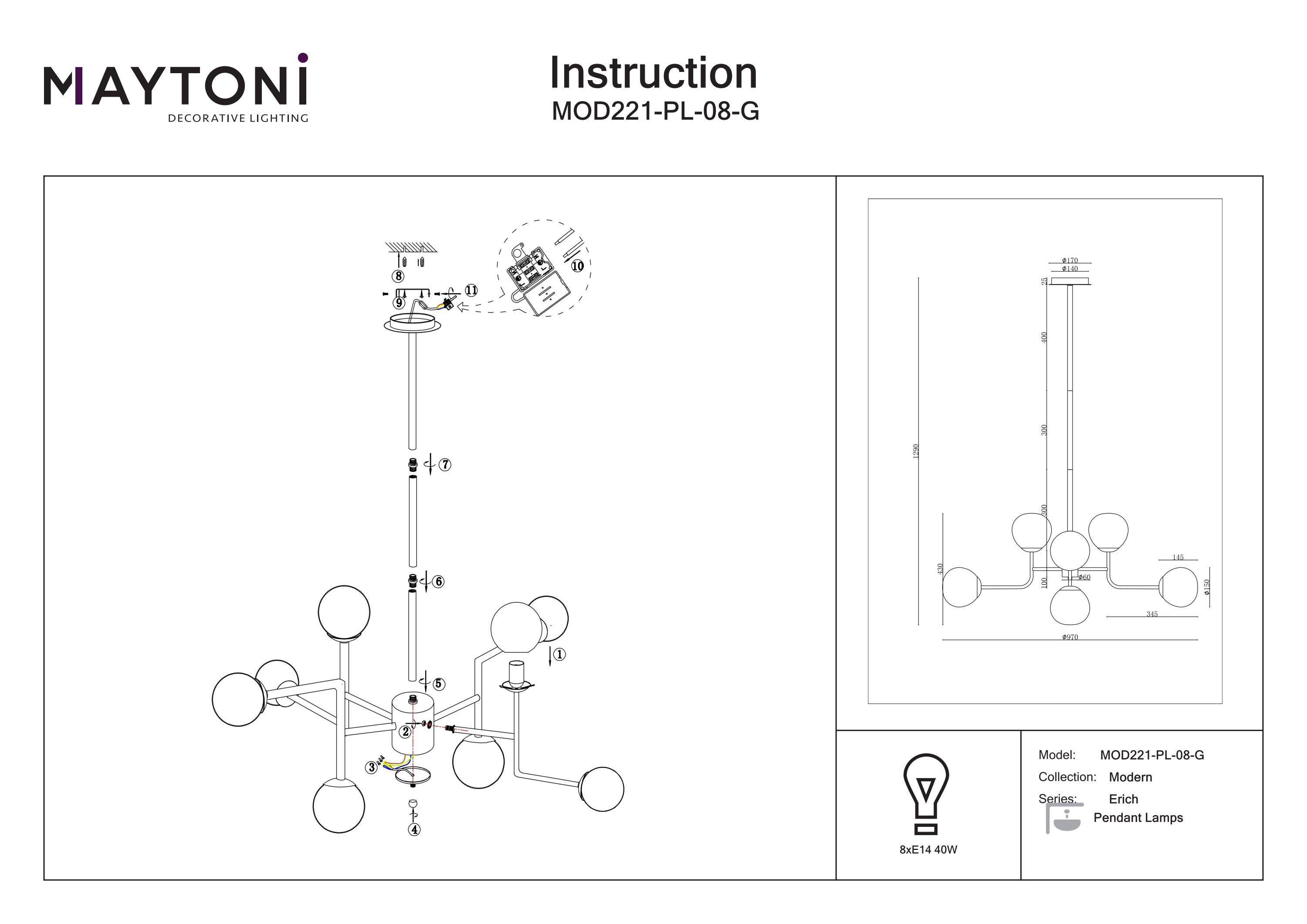 Maytoni Moderne Kronleuchter Erich 8xE14 excl. in Messing aus Metall Glas 40 W für Küche, Schlafzimmer, Wohnzimmer, Esszimmer, Lobby