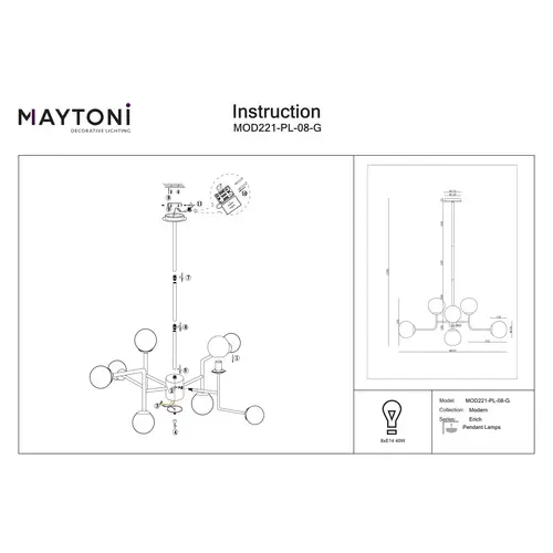 Maytoni Moderne Kronleuchter Erich 8xE14 excl. in Messing aus Metall Glas 40 W für Küche, Schlafzimmer, Wohnzimmer, Esszimmer, Lobby Maytoni Moderne Kronleuchter Erich 8xE14 excl. in Messing aus Metall Glas 40 W für Küche, Schlafzimmer, Wohnzimmer, Esszimmer, Lobby