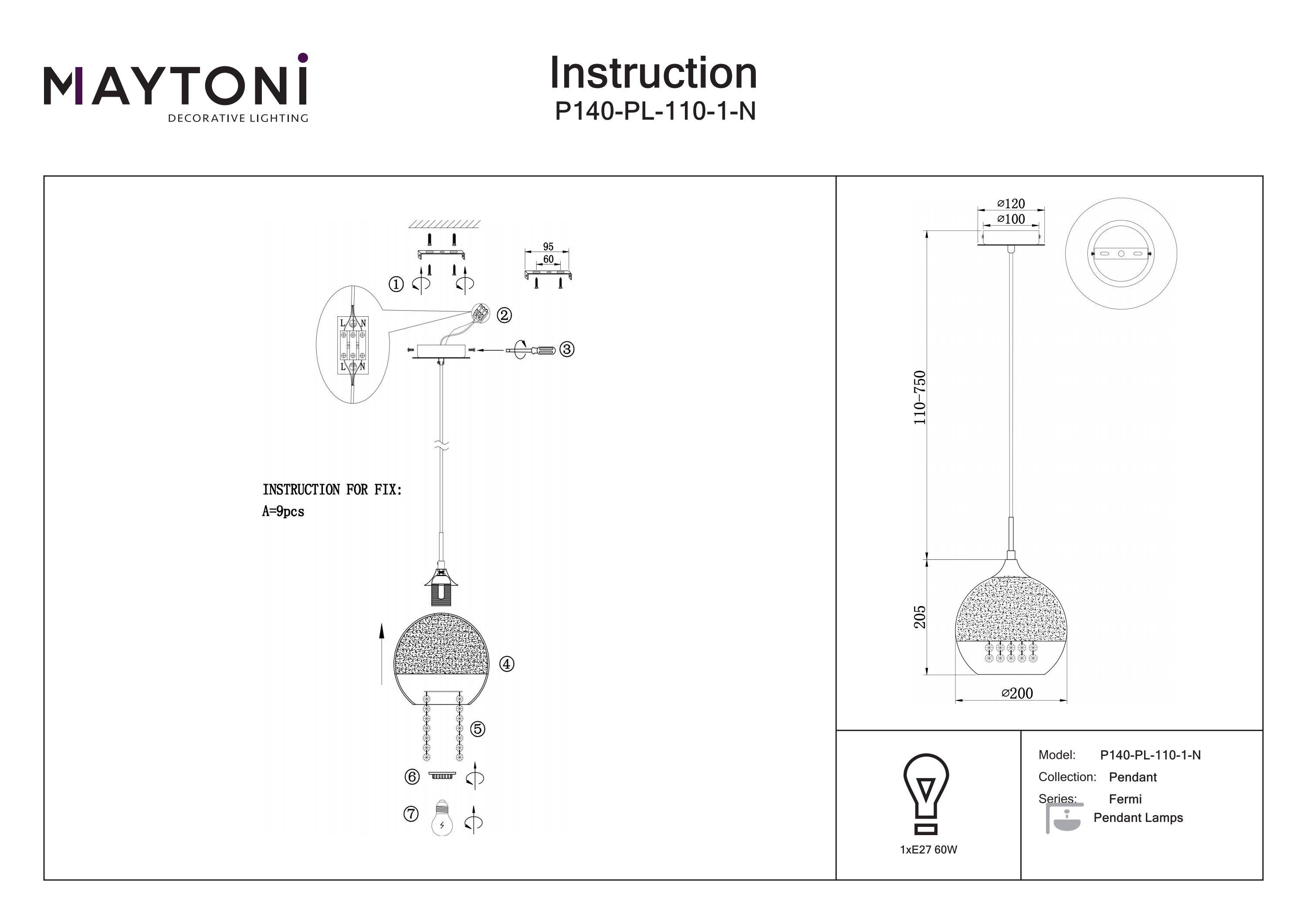 Maytoni Moderne Pendelleuchte Fermi 1xE27 excl. in Nickel aus Metall Glas und Metall 60 W für Küche, Schlafzimmer, Wohnzimmer, Esszimmer, Lobby