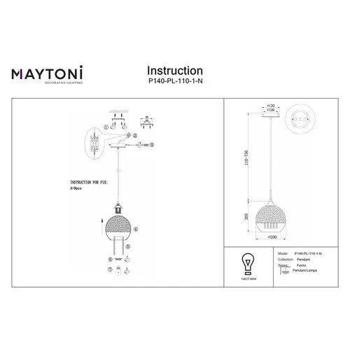 Maytoni Moderne Pendelleuchte Fermi 1xE27 excl. in Nickel aus Metall Glas und Metall 60 W für Küche, Schlafzimmer, Wohnzimmer, Esszimmer, Lobby Maytoni Moderne Pendelleuchte Fermi 1xE27 excl. in Nickel aus Metall Glas und Metall 60 W für Küche, Schlafzimmer, Wohnzimmer, Esszimmer, Lobby