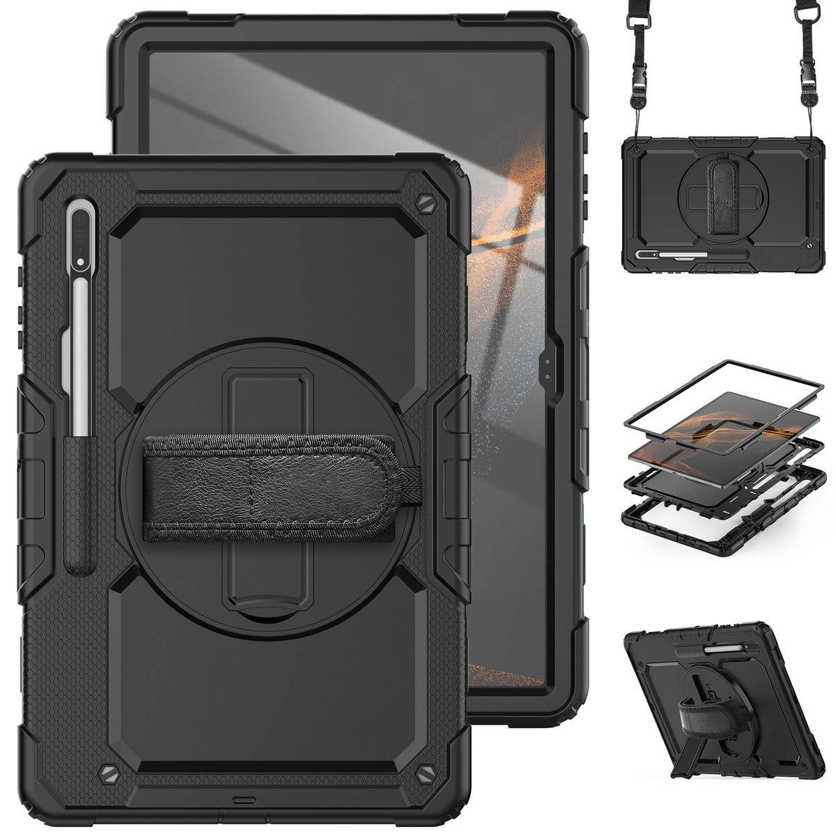 Für Samsung Galaxy Tab S8 Ultra aufstellbare Outdoor Hybrid Schwarz 360 Grad mit Trage Gurt Tablet Tasche Etuis Cover Case Schutz Robust Neu
