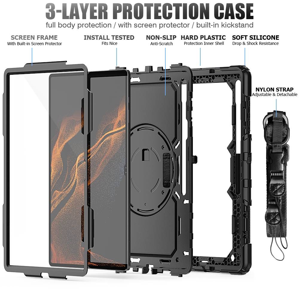 Für Samsung Galaxy Tab S8 Ultra aufstellbare Outdoor Hybrid Schwarz 360 Grad mit Trage Gurt Tablet Tasche Etuis Cover Case Schutz Robust Neu