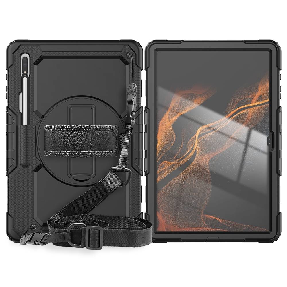 Für Samsung Galaxy Tab S8 Ultra aufstellbare Outdoor Hybrid Schwarz 360 Grad mit Trage Gurt Tablet Tasche Etuis Cover Case Schutz Robust Neu
