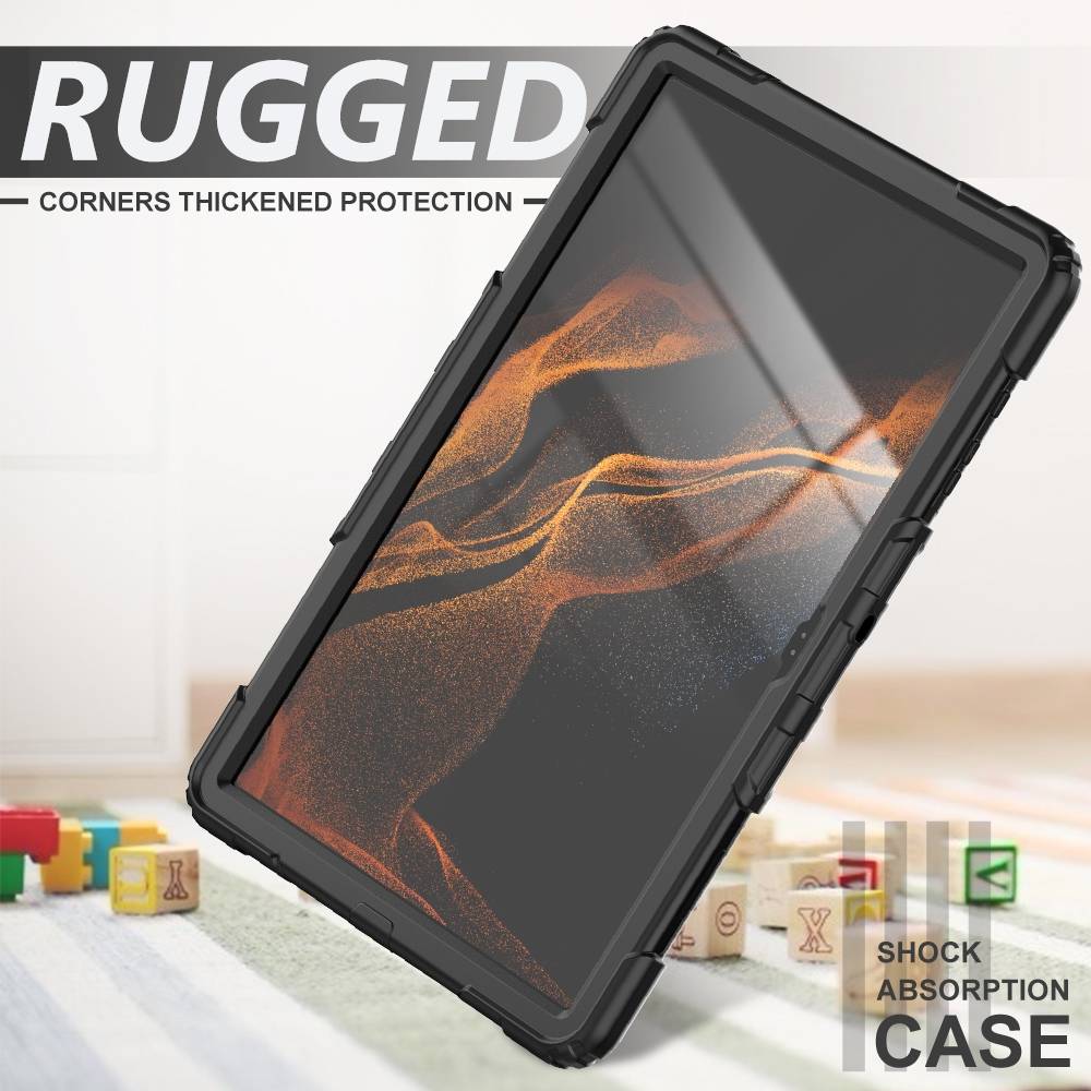 Für Samsung Galaxy Tab S8 Ultra aufstellbare Outdoor Hybrid Schwarz 360 Grad mit Trage Gurt Tablet Tasche Etuis Cover Case Schutz Robust Neu