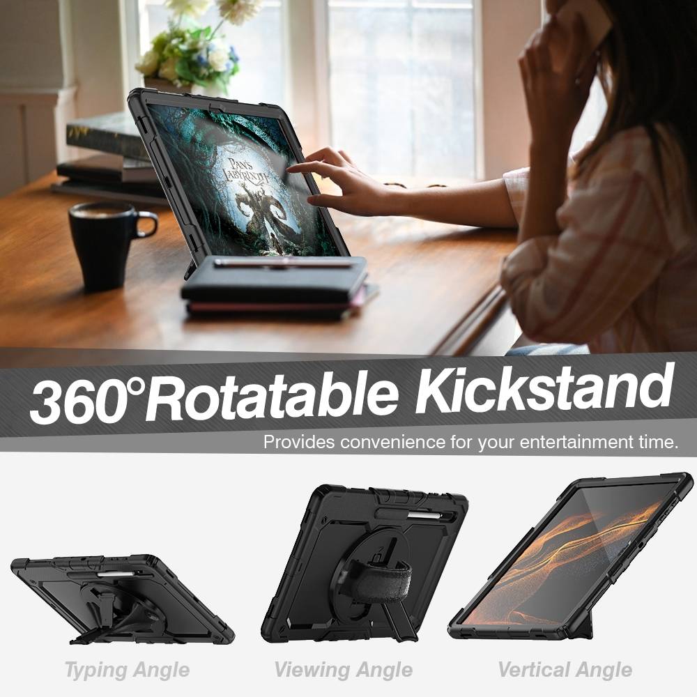 Für Samsung Galaxy Tab S8 Ultra aufstellbare Outdoor Hybrid Schwarz 360 Grad mit Trage Gurt Tablet Tasche Etuis Cover Case Schutz Robust Neu