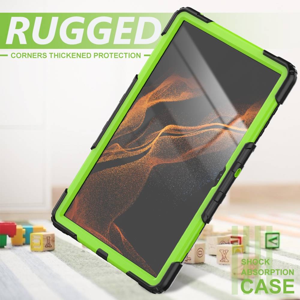 Für Samsung Galaxy Tab S9 Ultra / S8 Ultra aufstellbare Outdoor Hybrid Grün 360 Grad mit Trage Gurt Tablet Tasche Etuis Cover Case Schutz Robust Neu