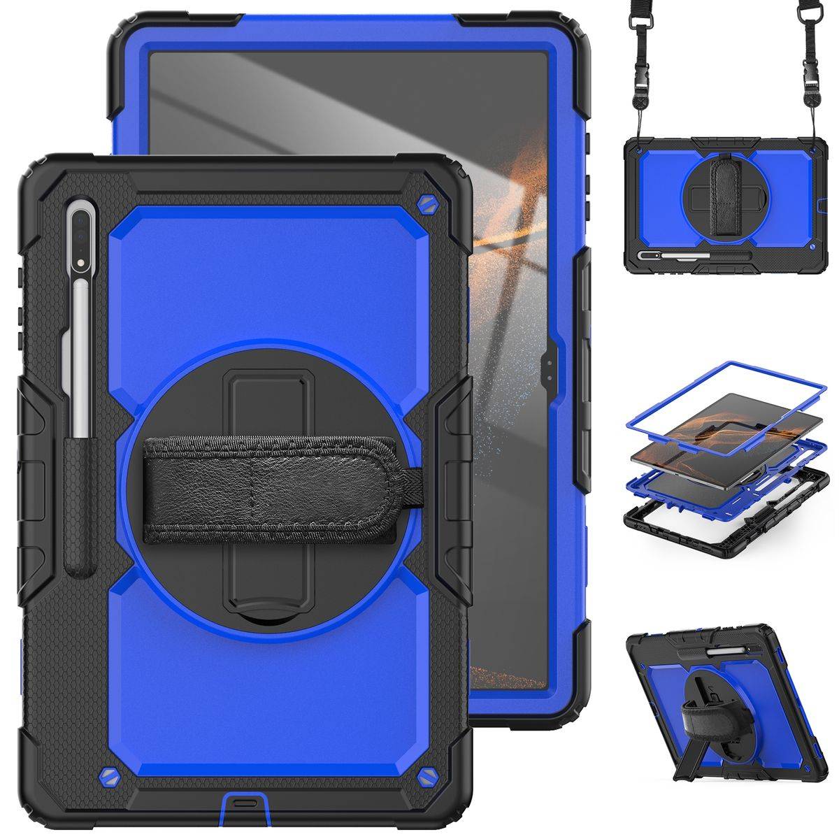 Für Samsung Galaxy Tab S9 Ultra / S8 Ultra aufstellbare Outdoor Hybrid Blau 360 Grad mit Trage Gurt Tablet Tasche Etuis Cover Case Schutz Robust Neu