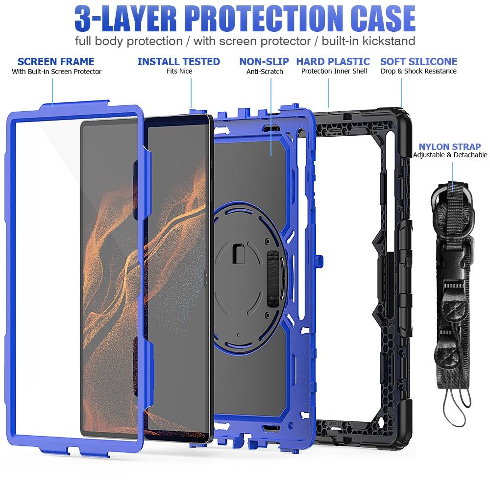 Für Samsung Galaxy Tab S9 Ultra / S8 Ultra aufstellbare Outdoor Hybrid Blau 360 Grad mit Trage Gurt Tablet Tasche Etuis Cover Case Schutz Robust Neu
