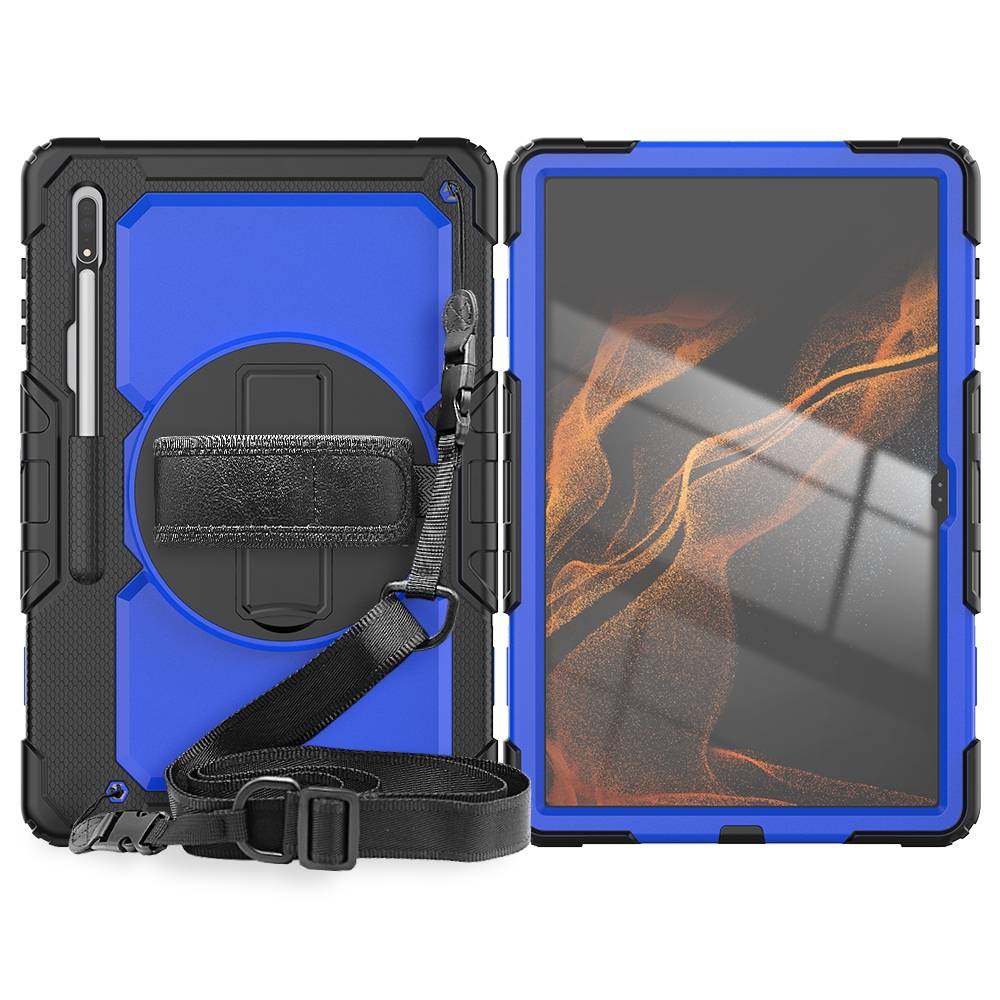 Für Samsung Galaxy Tab S9 Ultra / S8 Ultra aufstellbare Outdoor Hybrid Blau 360 Grad mit Trage Gurt Tablet Tasche Etuis Cover Case Schutz Robust Neu