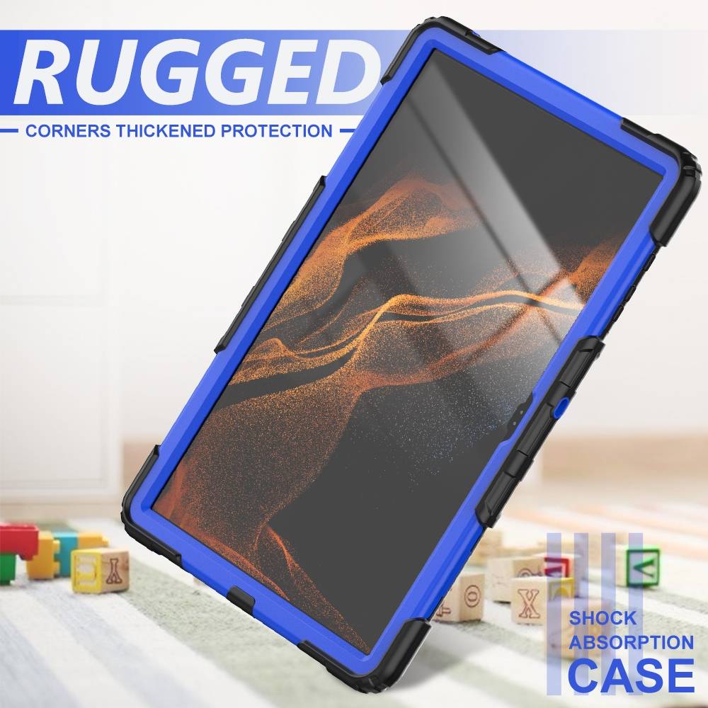 Für Samsung Galaxy Tab S9 Ultra / S8 Ultra aufstellbare Outdoor Hybrid Blau 360 Grad mit Trage Gurt Tablet Tasche Etuis Cover Case Schutz Robust Neu