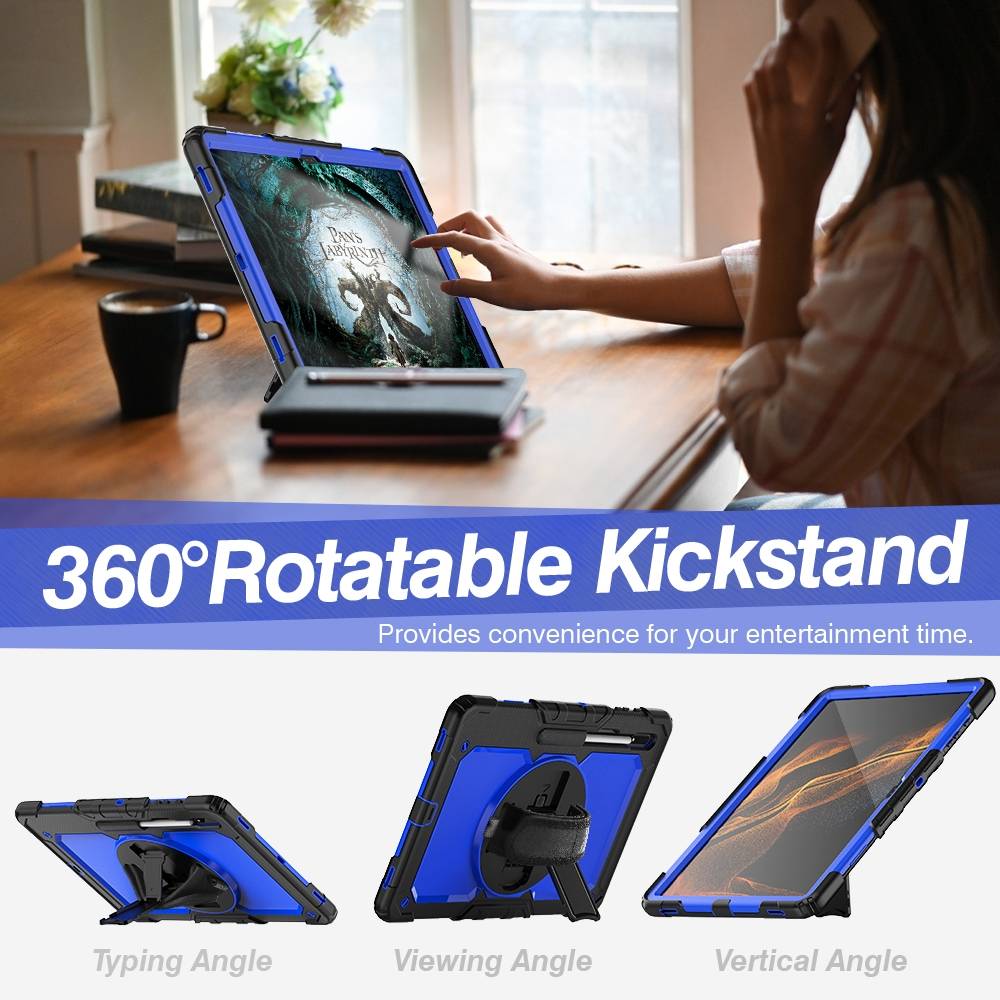 Für Samsung Galaxy Tab S9 Ultra / S8 Ultra aufstellbare Outdoor Hybrid Blau 360 Grad mit Trage Gurt Tablet Tasche Etuis Cover Case Schutz Robust Neu