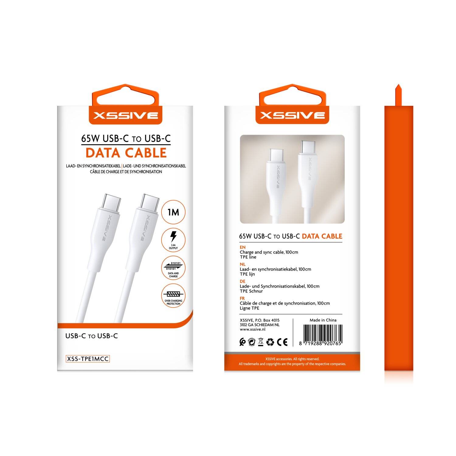 Xssive 65W 1 Meter USB-C zu USB-C Datenkabel 2.4A Schnell-Ladekabel Lade- und Synchronisationskabel weiß