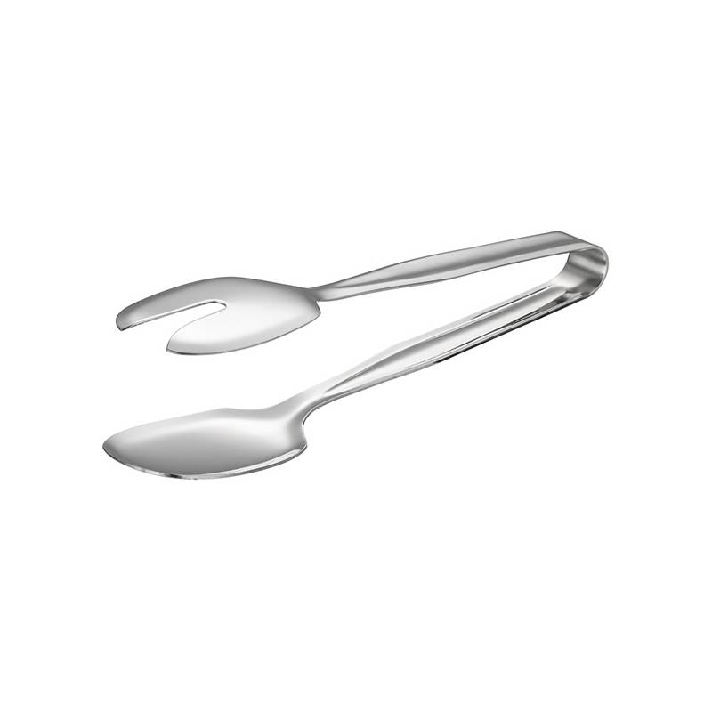 Salatbesteck mit einem Löffel und einer Gabelspitze, aus glänzendem Silbermetall, zum Mischen und Servieren von Salaten.