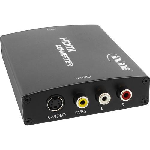 Eine schwarze HDMI-Konverterbox mit Ein- und Ausgängen für S-Video, CVBS und Audiokanäle L und R.