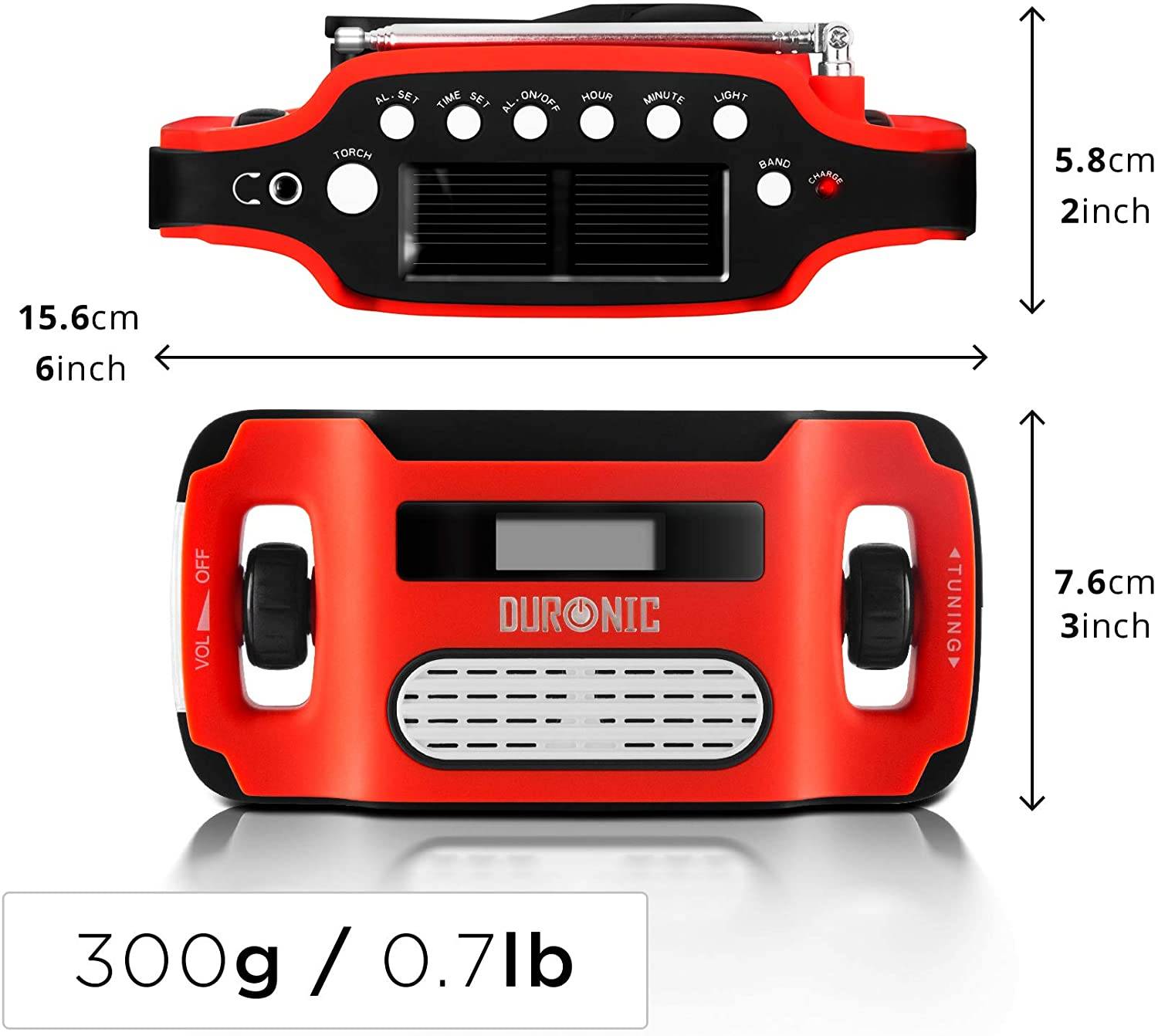 Duronic Apex Radio AM/FM - Mit Radiowecker und Taschenlampe - Aufladbar mit Solar, Kurbel und USB - 300mAh Akku