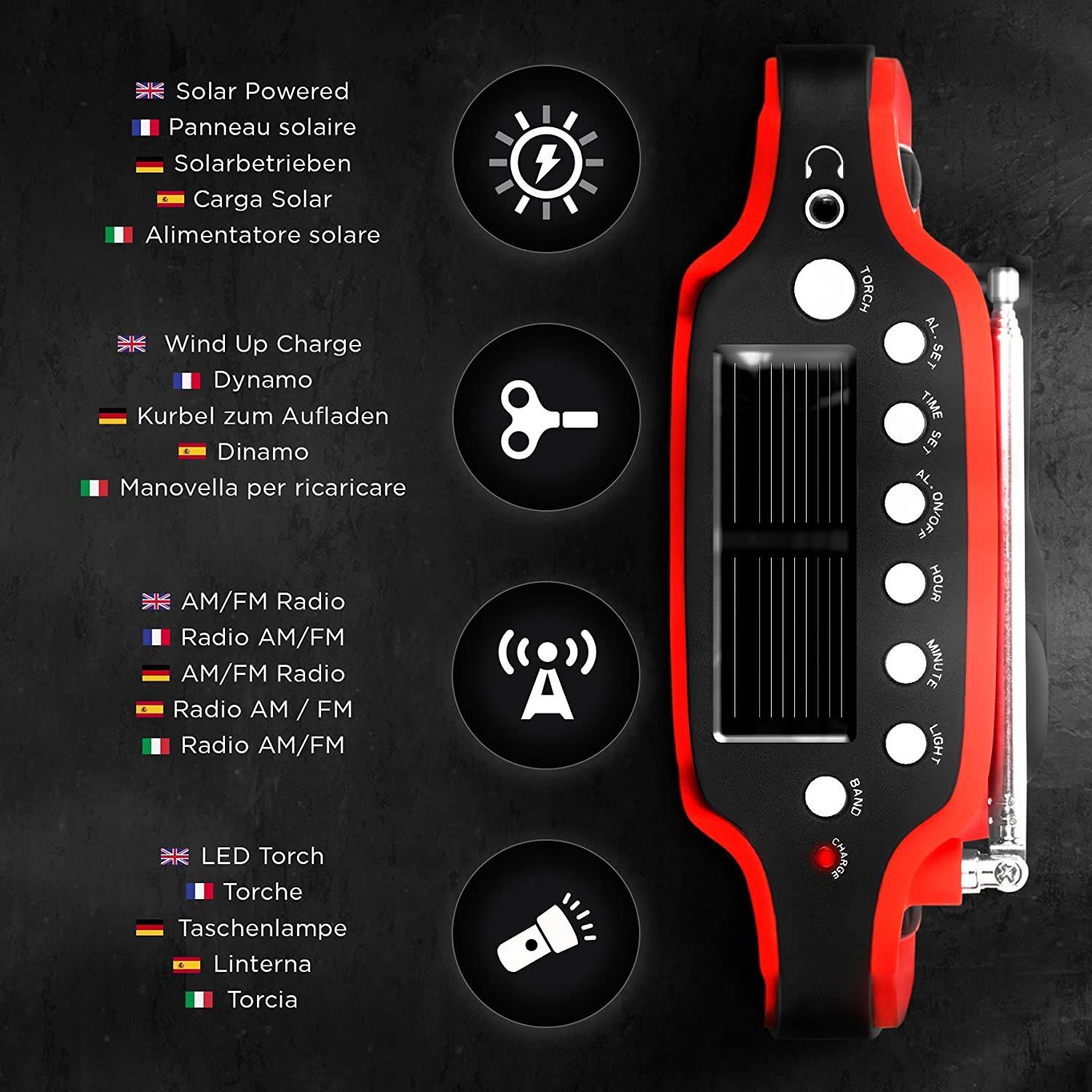 Duronic Apex Radio AM/FM - Mit Radiowecker und Taschenlampe - Aufladbar mit Solar, Kurbel und USB - 300mAh Akku