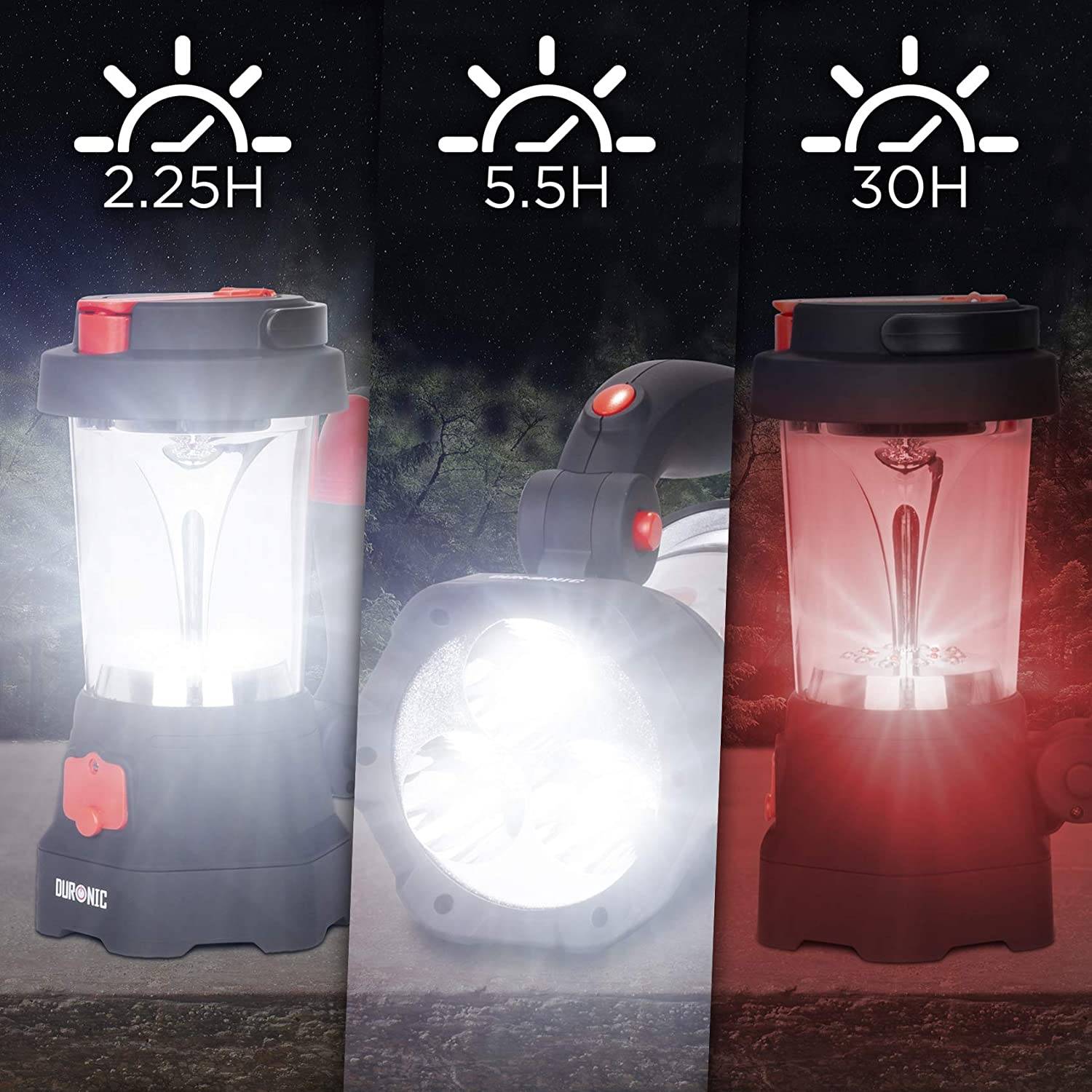 Duronic Hurricane Lampe - Campinglampe mit 3 LED Taschenlampe - 10 LED Laterne mit Dynamo - Aufladbar mit Kurbel und USB