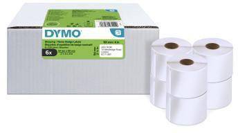 Schachtel mit DYMO-Etikettendruck-Rollen mit drei weißen thermischen Etiketten-Rollen, die vorne angezeigt werden, auf der Verpackung mit 6x gekennzeichnet.