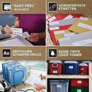 Collage aus Etikettentabellen und Aktenordnern mit deutschen Funktionsbezeichnungen: Leicht ablösbare Rückseite, vorgeschnittene Etiketten, gestochen scharfer Druck und kein Toner oder Tinte erforderlich.