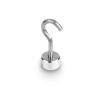 Ein kleiner silberner magnetischer Haken mit einer runden Basis, verwendet zum Aufhängen von Gegenständen auf Metalloberflächen.