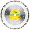 Ein Kreissägeblatt mit einem gelben Etikett in der Mitte, auf dem der Markenname und die Spezifikationen angezeigt werden. Das Blatt hat eine Reihe von gleichmäßig verteilten Zähnen.
