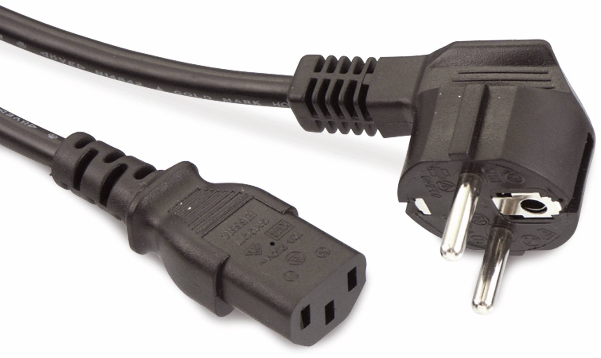 Ein schwarzer dreipoliger Stromstecker und eine passende Steckdose werden vor einem weißen Hintergrund gezeigt und zeigen, wie sie sich verbinden.