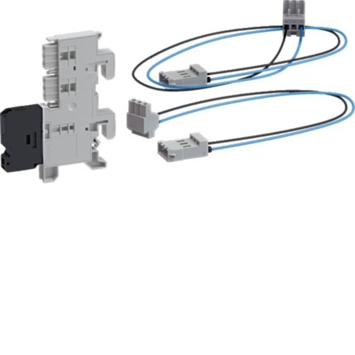 Elektrisches Relais mit zwei schwarzen und blauen Leitungen, ausgestattet mit Steckverbindern, verwendet für Schaltkreissteuerung und Schutzfunktionen.
