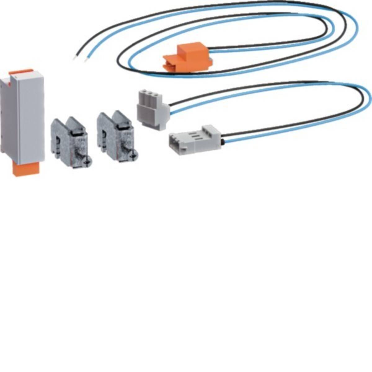 Ein Satz elektrischer Komponenten, bestehend aus einem großen rechteckigen Stück, zwei kleineren grauen Teilen, einem orangefarbenen Anschluss und schwarzen Kabeln.