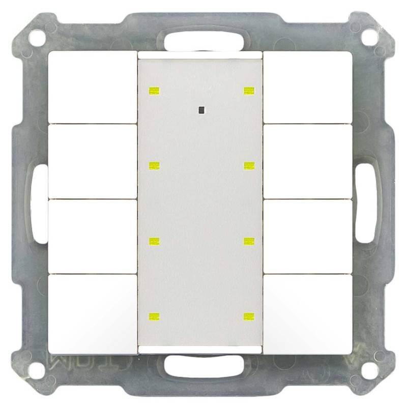 Ein weißer Mehrfach-Lichtschalter mit einem Metallrahmen, der acht kleine Tasten um ein zentrales Bedienfeld herum aufweist und für Smart-Home-Steuerungen verwendet wird.