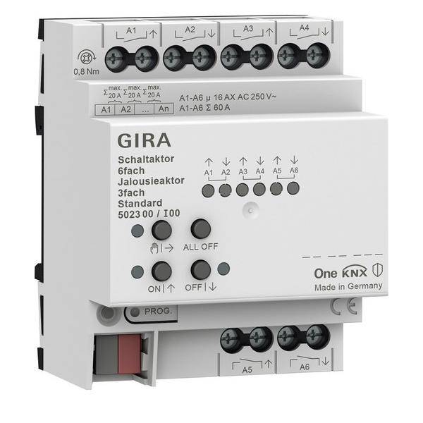 GIRA Schaltaktor, 6-Kanal-Jalousiesteuerung für KNX-System. Zu den Funktionen gehören verschiedene Tasten und Anzeigen für Programmierung und Bedienung.
