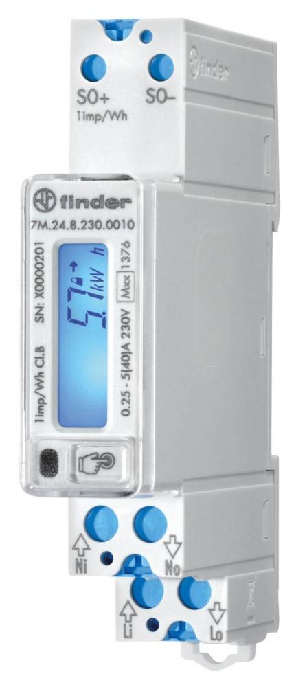 Ein elektronischer Energiezähler, der auf seinem blauen Bildschirm ‚47 kWh' anzeigt, mit Kontrollsymbolen und Spezifikationen, die auf dem Frontpanel sichtbar sind.