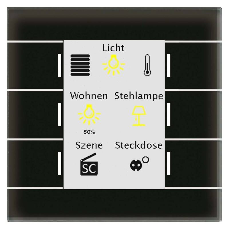 Bedienfeld mit Symbolen für Licht, Thermometer, Hauseinstellungen, Stehlampe, Szene und Steckdose. Licht ist auf 80% eingestellt.