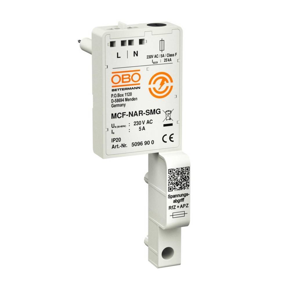 MCF-NAR-SMG' Überspannungsschutzgerät von OBO Bettermann, entwickelt für AC-Anschlüsse, 230V, 5A, mit einem weißen, kompakten Design.