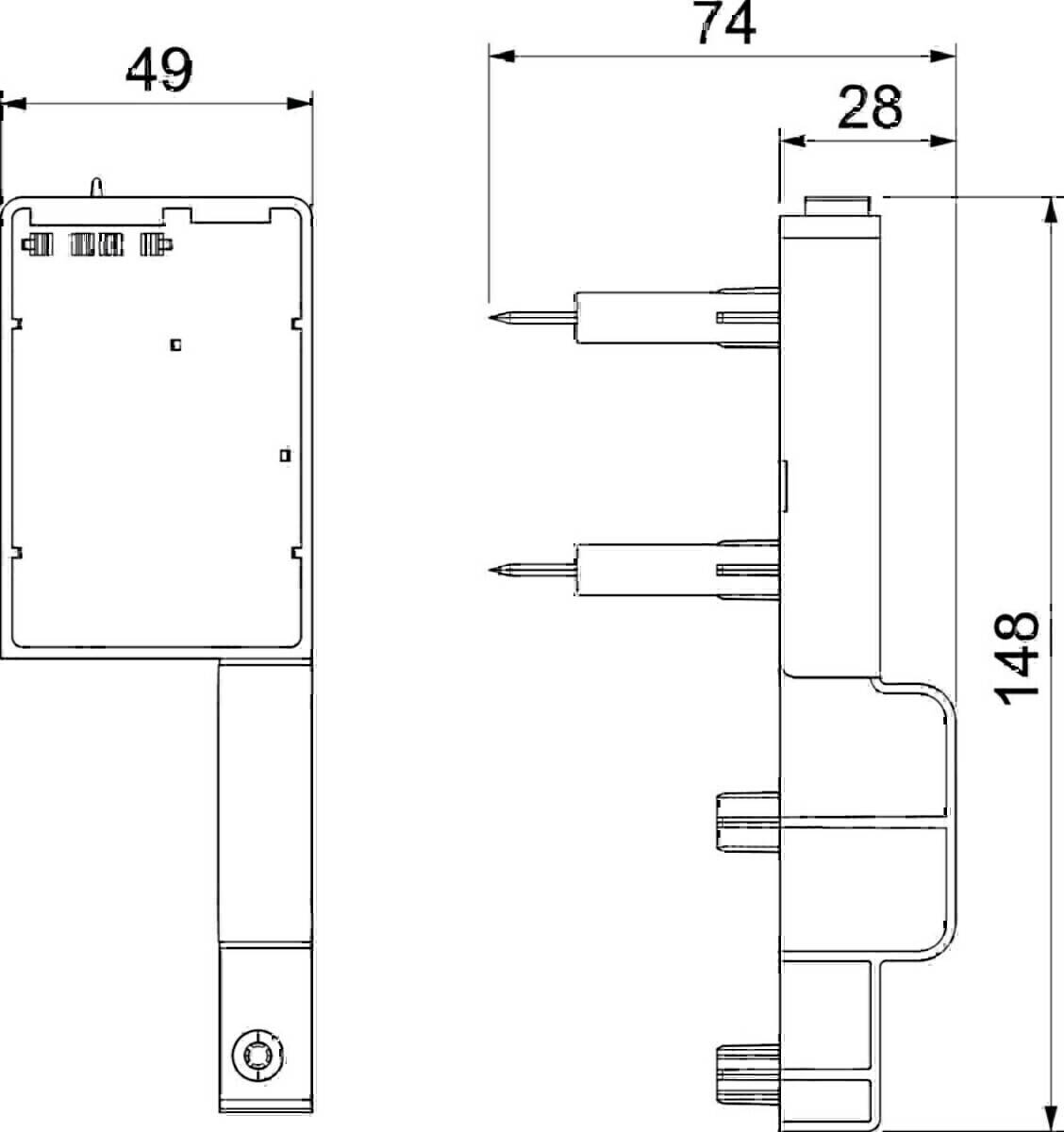 Technische Zeichnung eines elektronischen Geräts von Vorder- und Seitenansicht, mit Maßangaben: Höhe 148 mm, Tiefe 28 mm, Breite 49 mm.