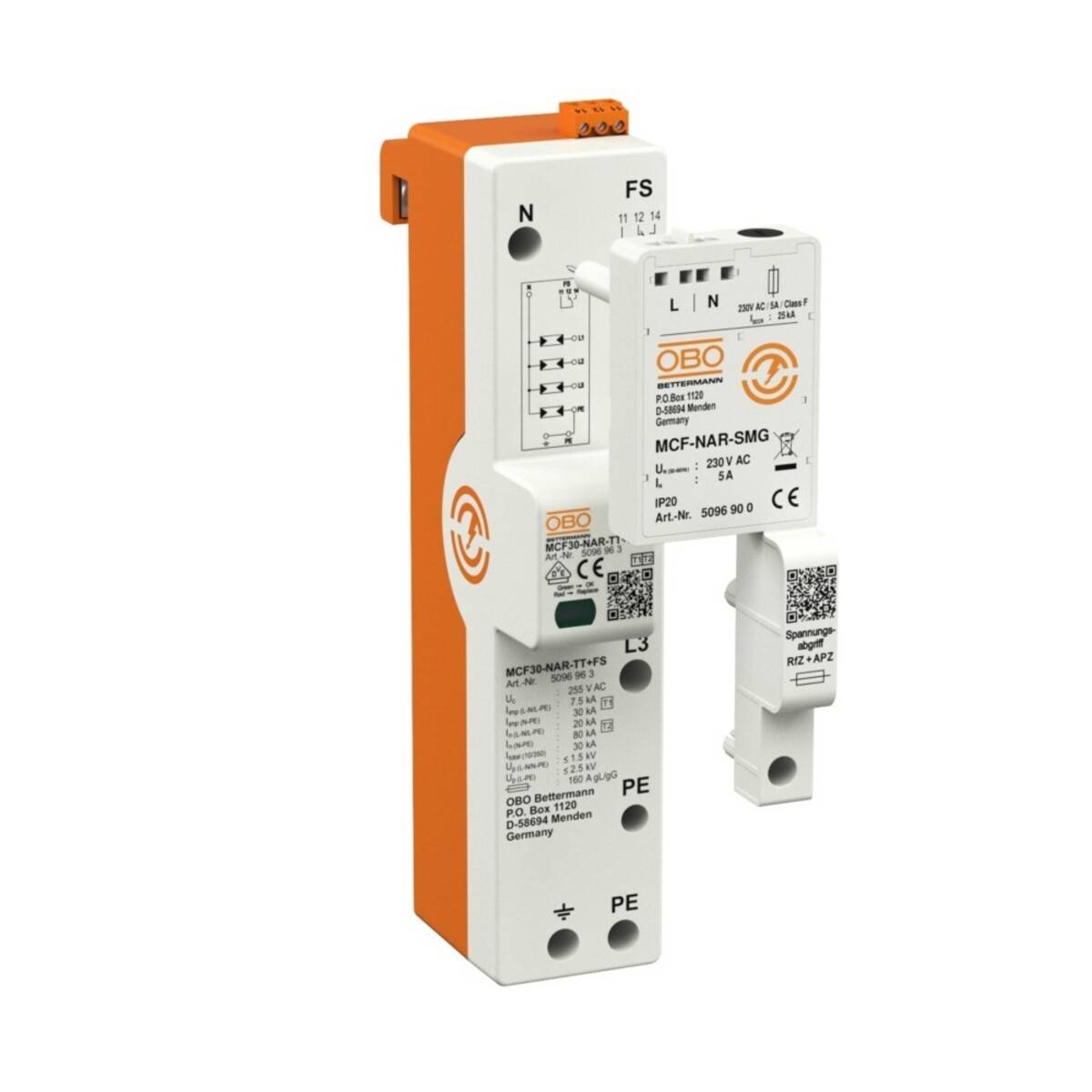 Überspannungsschutzgerät mit orangen und weißen Komponenten, gekennzeichnet mit OBO, ausgelegt für elektrische Sicherheit. Modell: MCF-NAR-SMG.