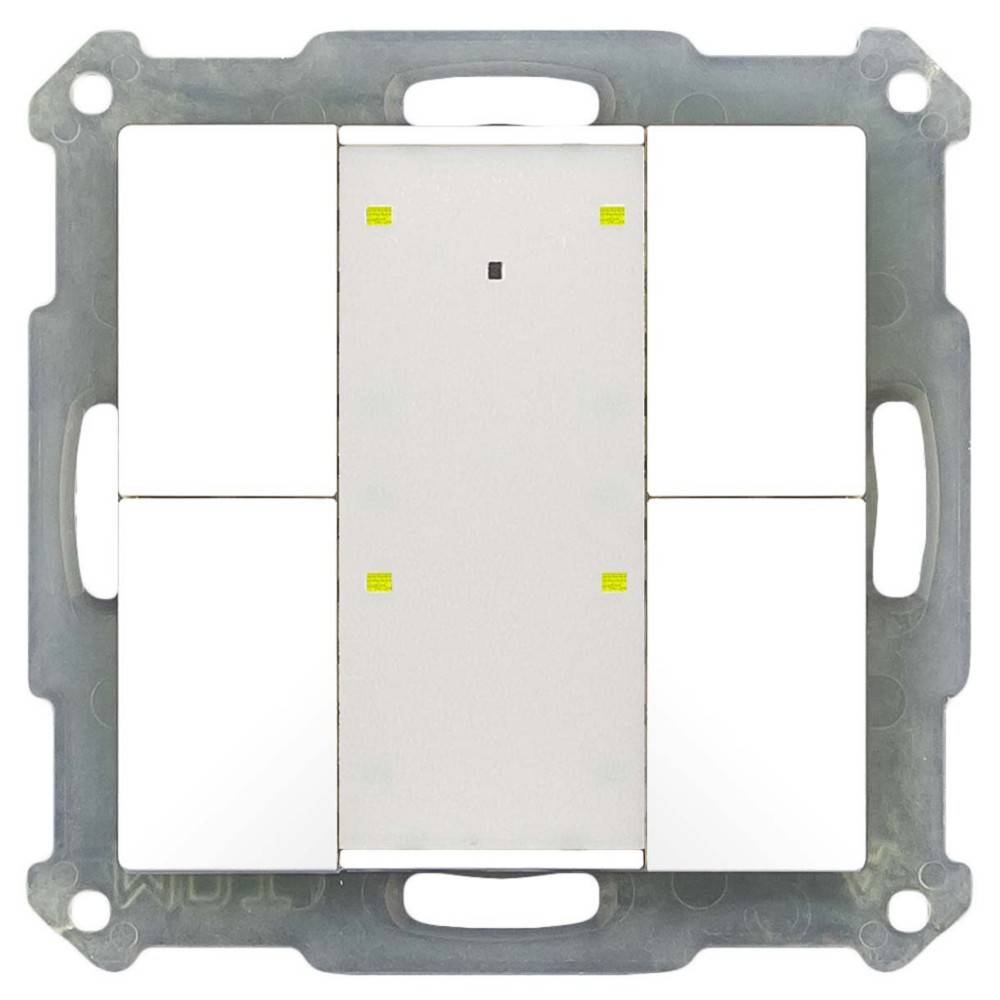 Ein weißer, rechteckiger Lichtschalter mit vier umgebenden Sektionen, der in einem metallischen Rahmen zur Wandmontage konzipiert ist.