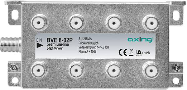Metall-Koaxial-Fernsehverteilerverstärker mit acht Ausgängen, gekennzeichnet als „BVE 8-02P premium-line 8-fach Verteiler