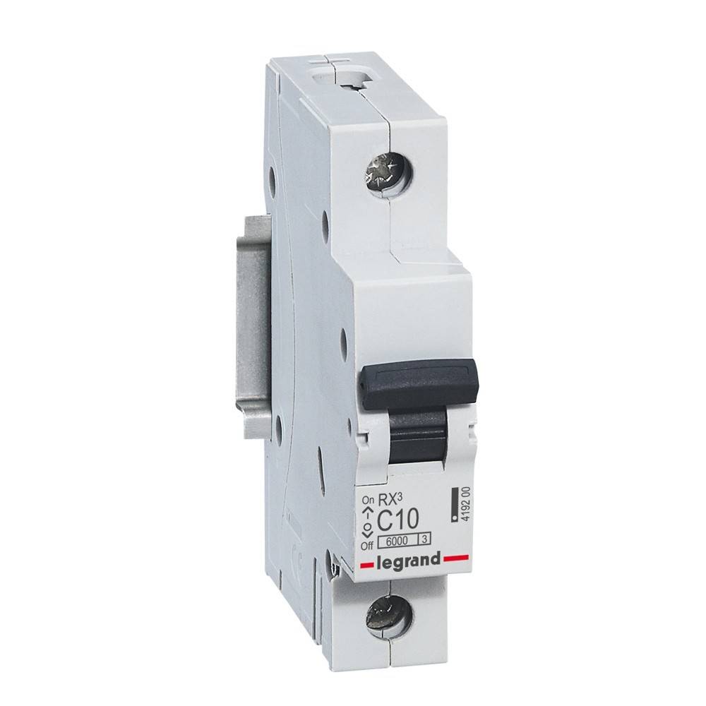 Einpoliger Miniatur-Leitungsschutzschalter von Legrand, Modell RX3 C10, 10A, mit schwarzem Schalterhebel. Entwickelt für elektrische Stromsicherheit.