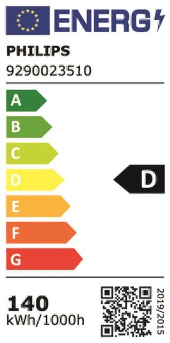 Energieeffizienz-Diagramm mit Buchstaben von A bis G, farbcodiert von grün bis rot, zeigt 'D' als aktuelle Bewertung.