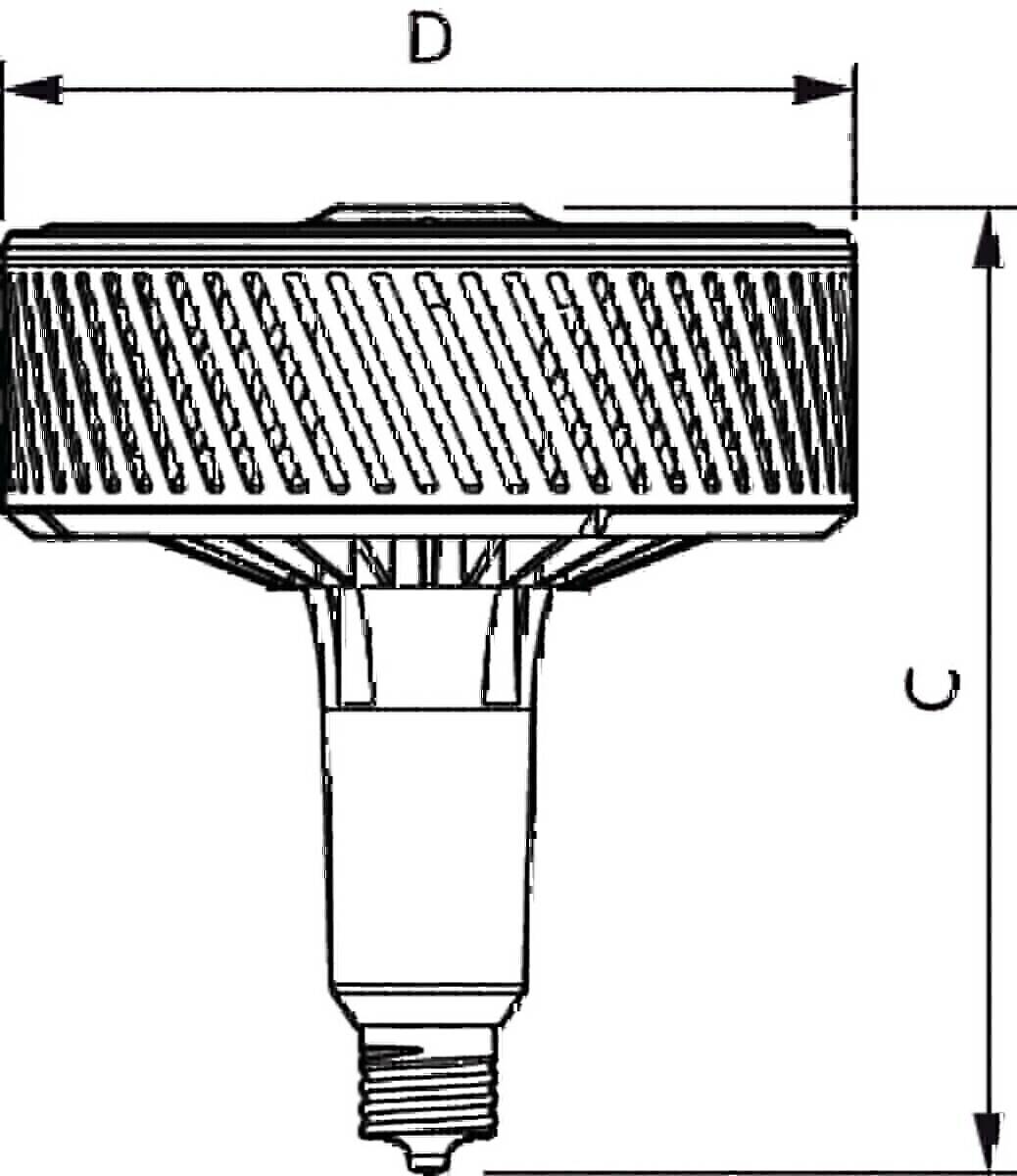 Eine technische Illustration eines zylindrischen Bauteils mit Flossen an der Oberseite und einer konischen Basis. Pfeile zeigen Höhen- und Breitenmessungen an.