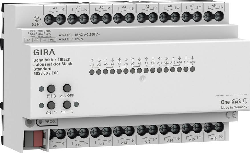Elektrische Vorrichtung mit Anschlussklemmen, beschriftet von A1 bis A16 und A11 bis A16. Der Text weist auf einen 16-poligen, 250V, 16A, 50/60Hz Schalter hin.