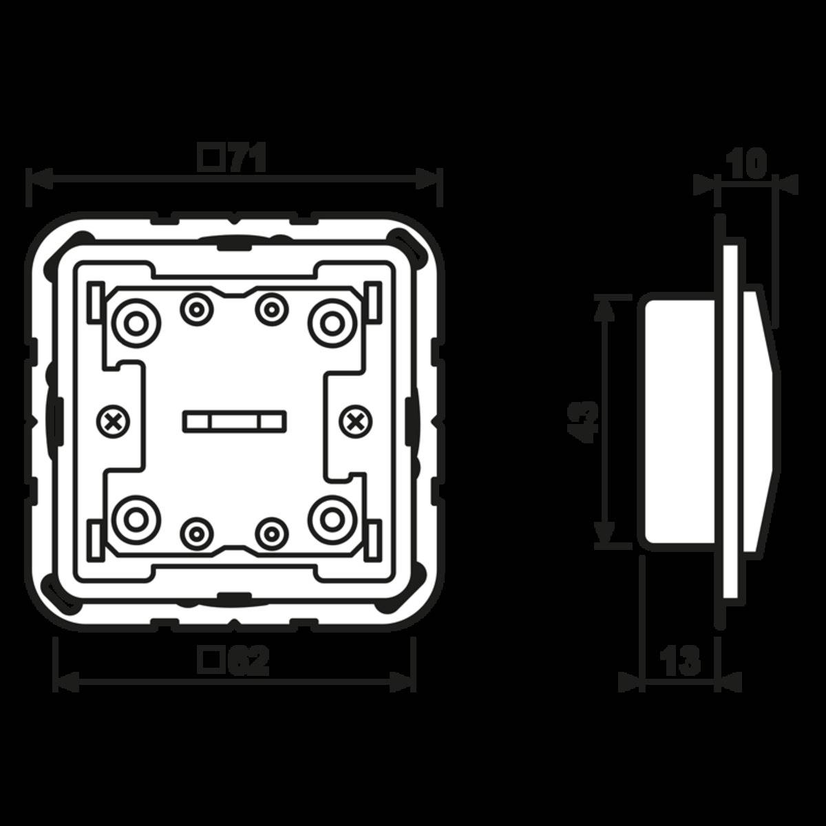 Diagramm einer quadratischen elektrischen Komponente mit Abmessungen: 71x71 mm Frontansicht, 43 mm Tiefe und 13 mm Breite in Seitenansicht.