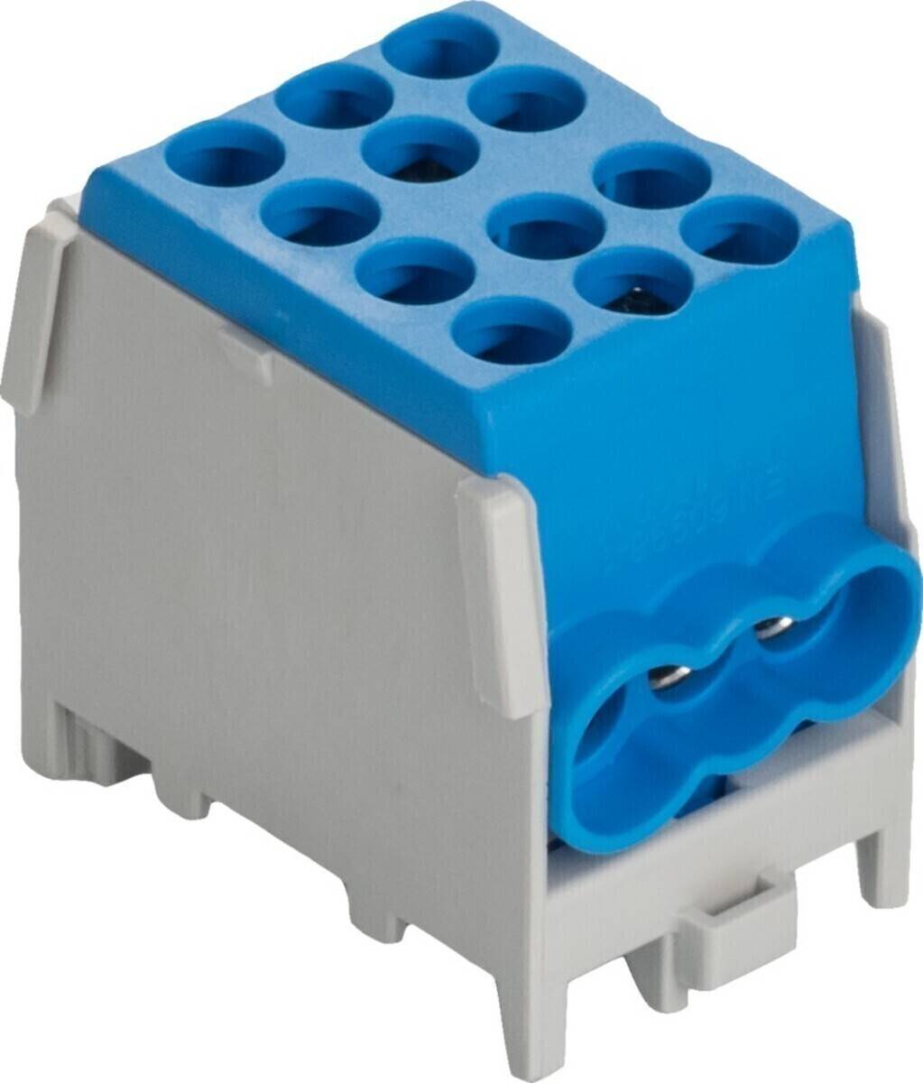 Ein blauer und grauer Elektroklemmenblock mit mehreren Anschlusspunkten, verwendet zum Verbinden von Drähten in elektrischen Schaltkreisen.